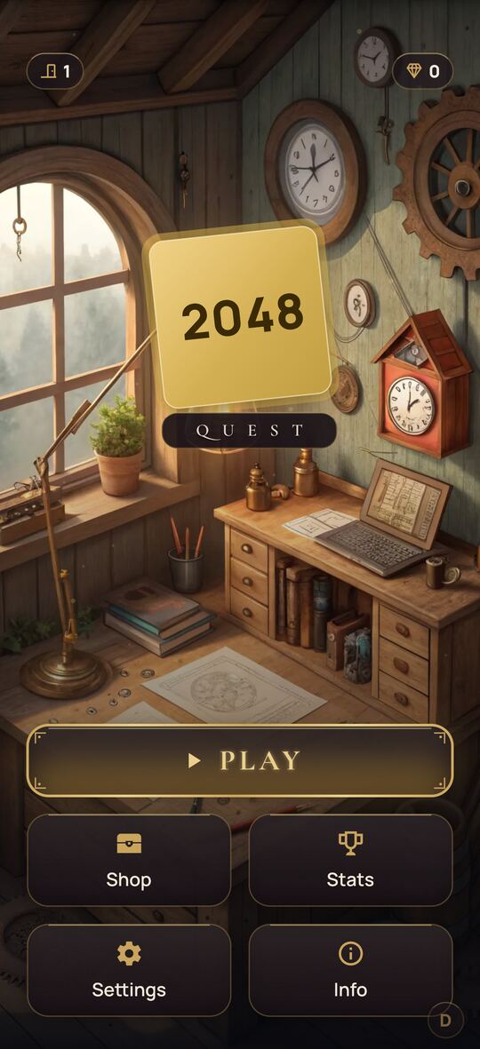 Main menu of 2048 Quest: a 2048 tile above a Play button, inside a wooden workshop with clocks and a desk